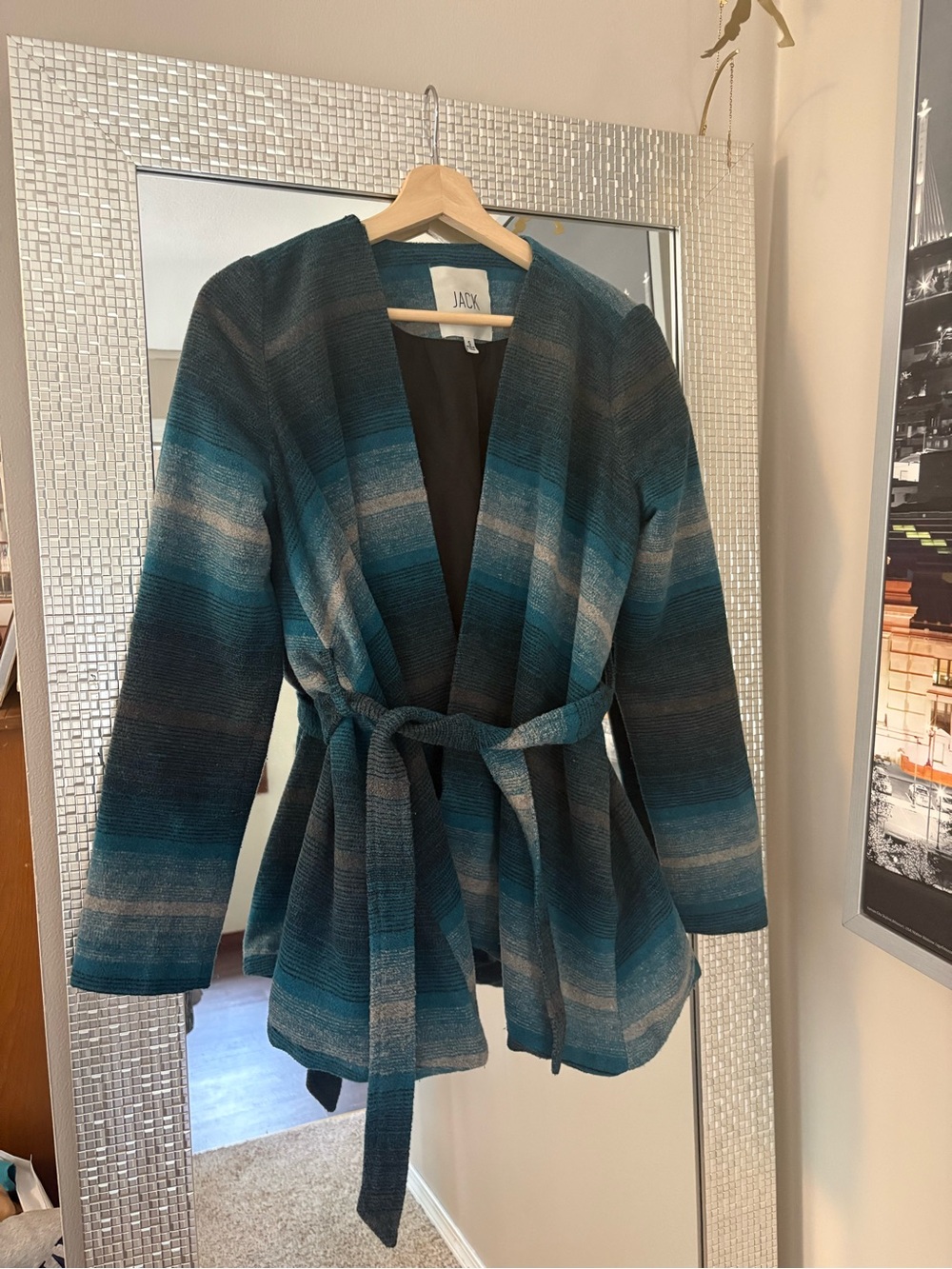 Jack by BB Dakota Teal and Gray Striped Belted Cardigan